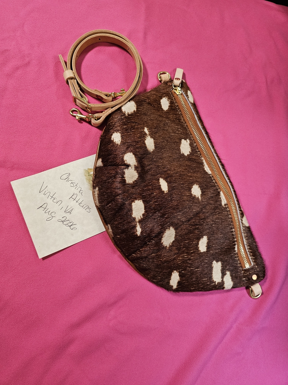 Spotted Brown Hair On Hide Crossbody Fanny with Beige Strap